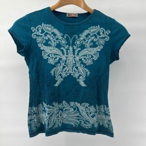 Blue Canyon Clothing Women's M Butterfly Paisley Rhinestone Graphic Baby Tee